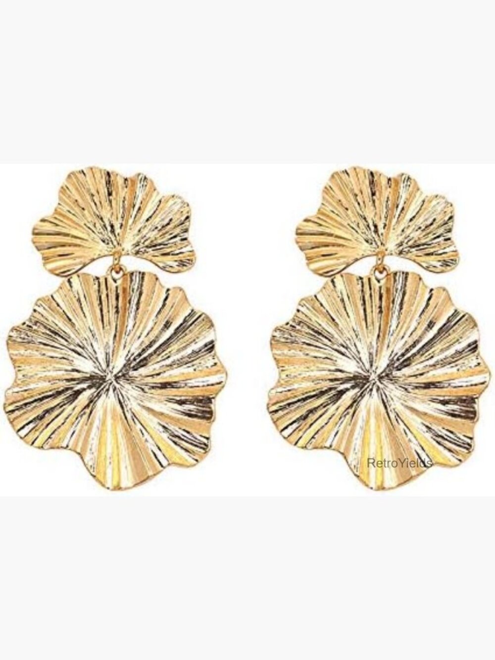 Large Metal Floral Drop Earrings - Gold Statement Jewelry